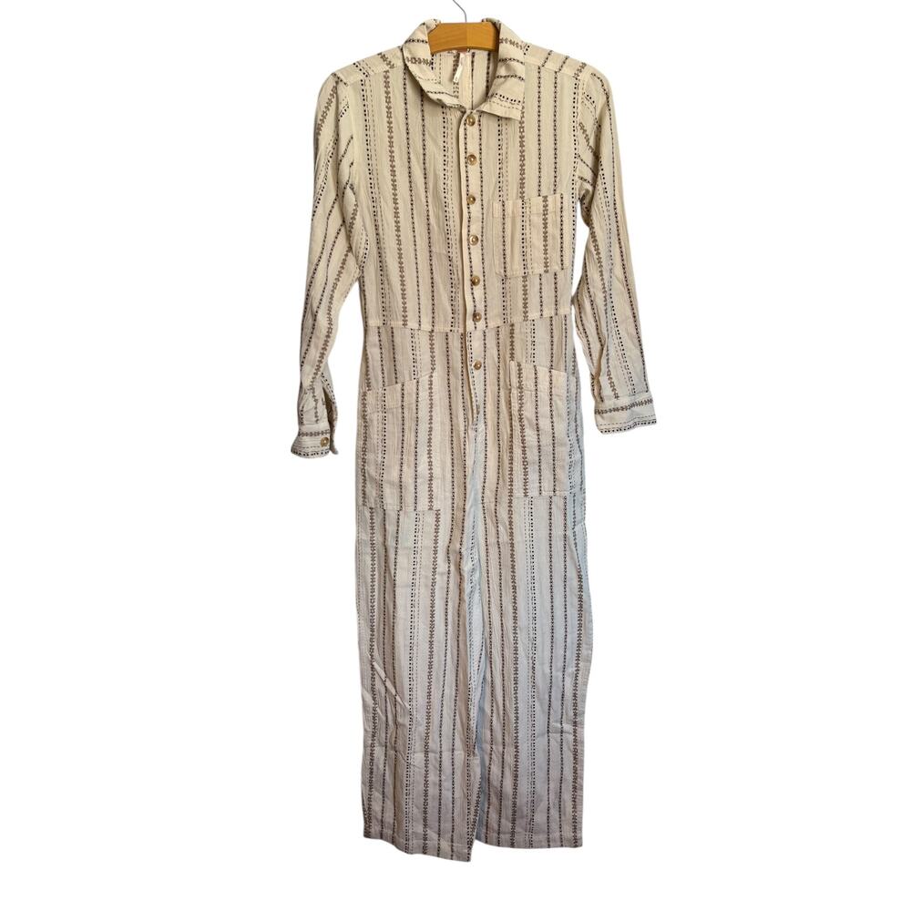 Free People Gia Yarn Dye Jumpsuit Cream Coveralls Embroidered Boho Hippie XS